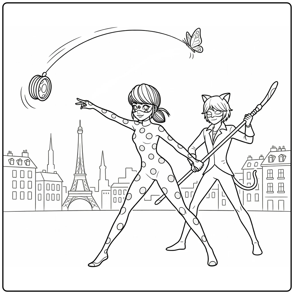 Miraculous kleurplaat: Ladybug vangt akuma met jojo, Cat Noir beschermt