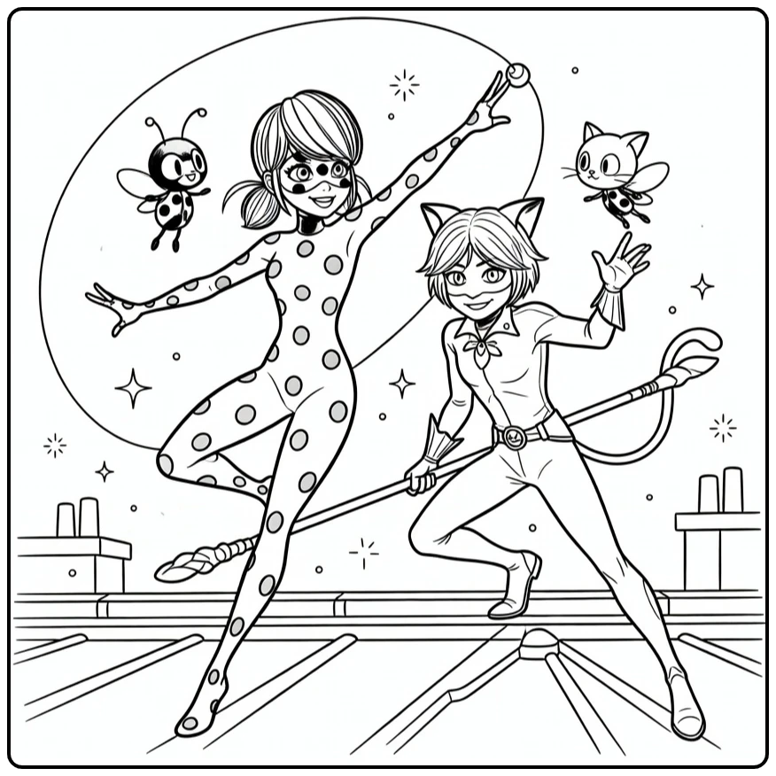 Miraculous kleurplaat Ladybug en Cat Noir in actiepose