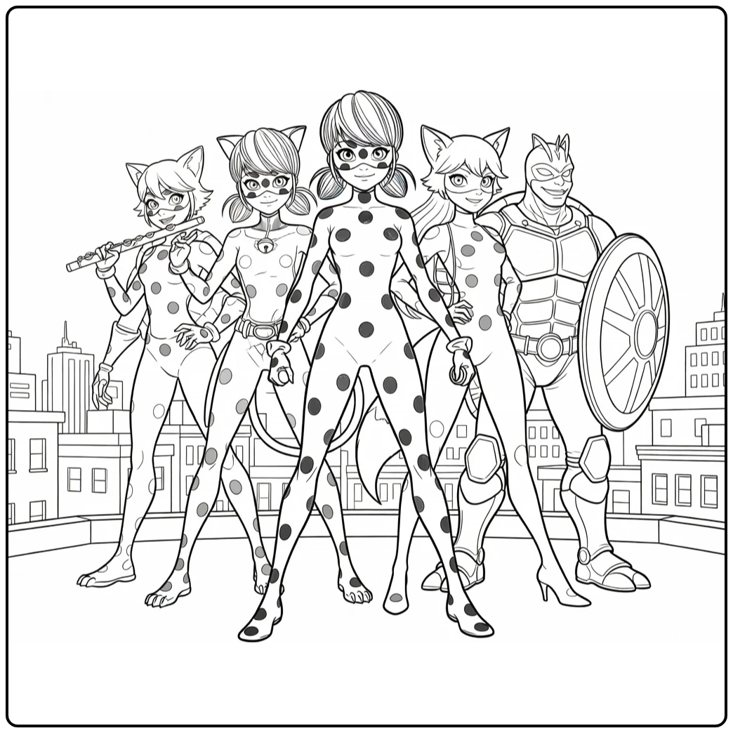 Miraculous kleurplaat Ladybug, Cat Noir, Rena Rouge, Carapace