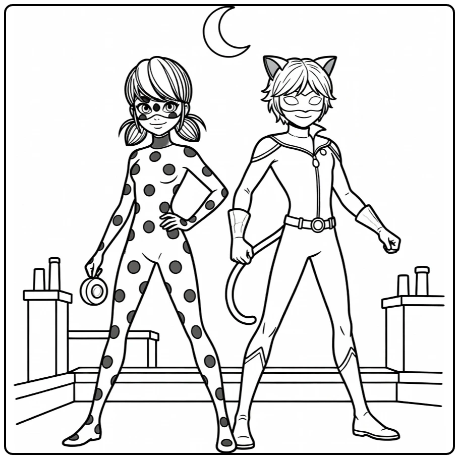 miraculous ladybug en cat noir kleurplaat op Parijs dak met maan
