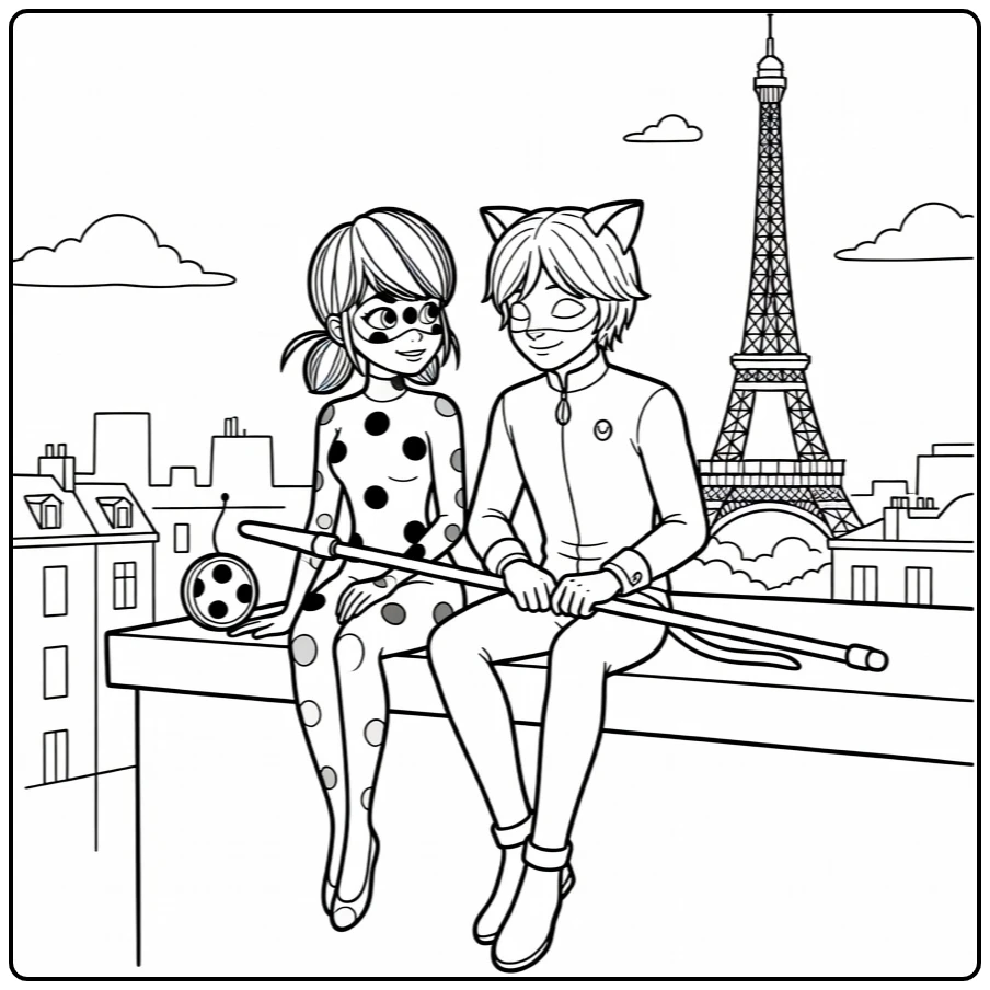 miraculous ladybug en cat noir kleurplaat: Ladybug en Cat Noir op dakrand met Eiffeltoren