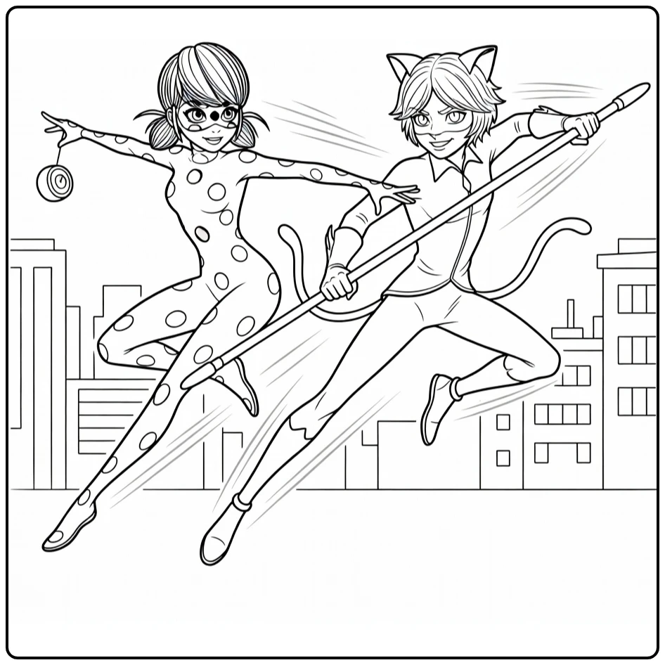 miraculous ladybug en cat noir kleurplaat: duo springt vooruit