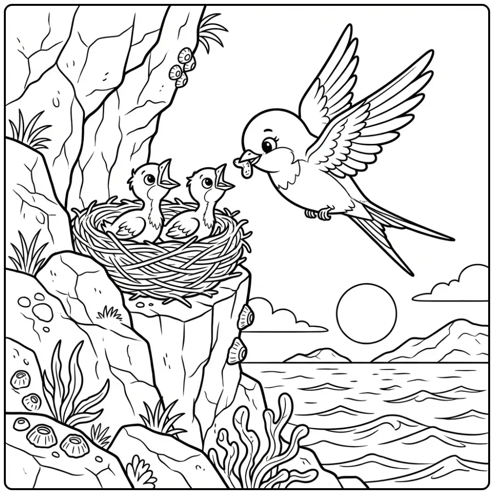 Schattige zwaluw kleurplaat met nest aan de kust.