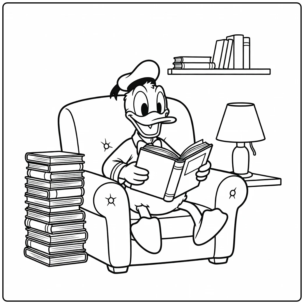 Donald Duck leest ontspannen; een kleurplaat donald duck moeilijk