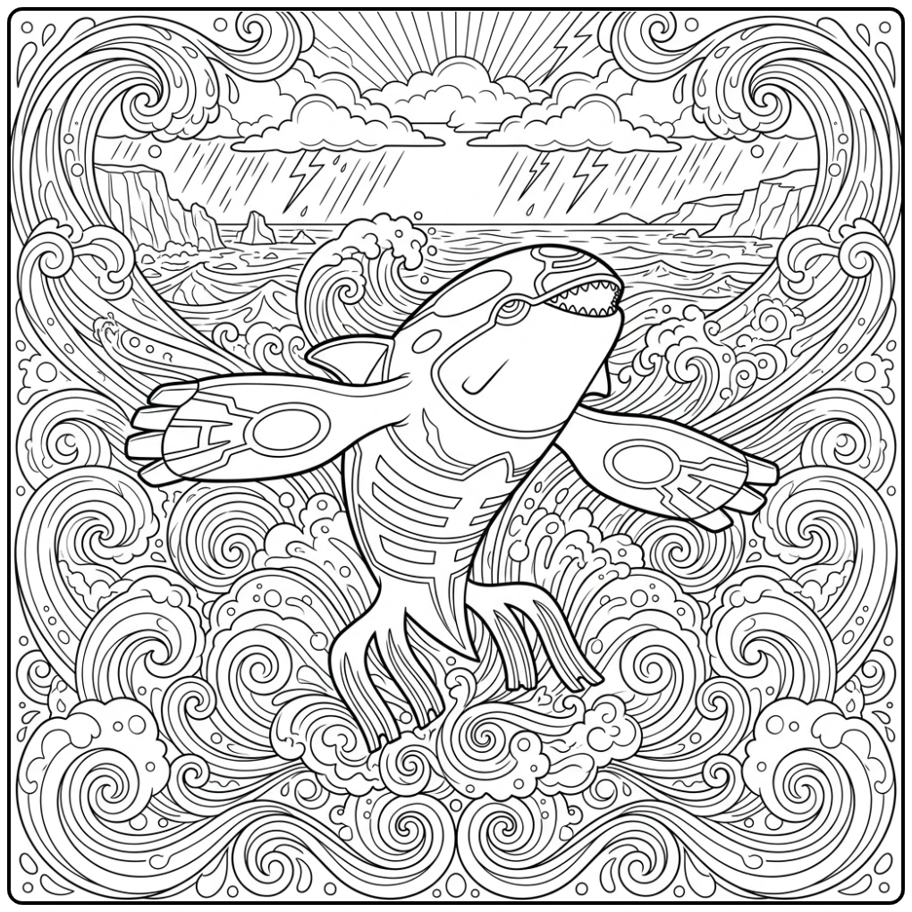 Kyogre kleurplaat pokemon moeilijk: oprijzend uit oceaan golven