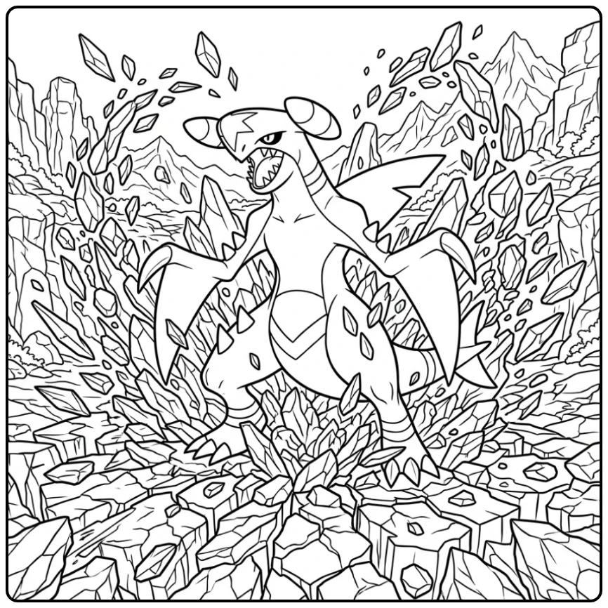 Garchomp barst uit grond, kleurplaat pokemon moeilijk, voor experts.