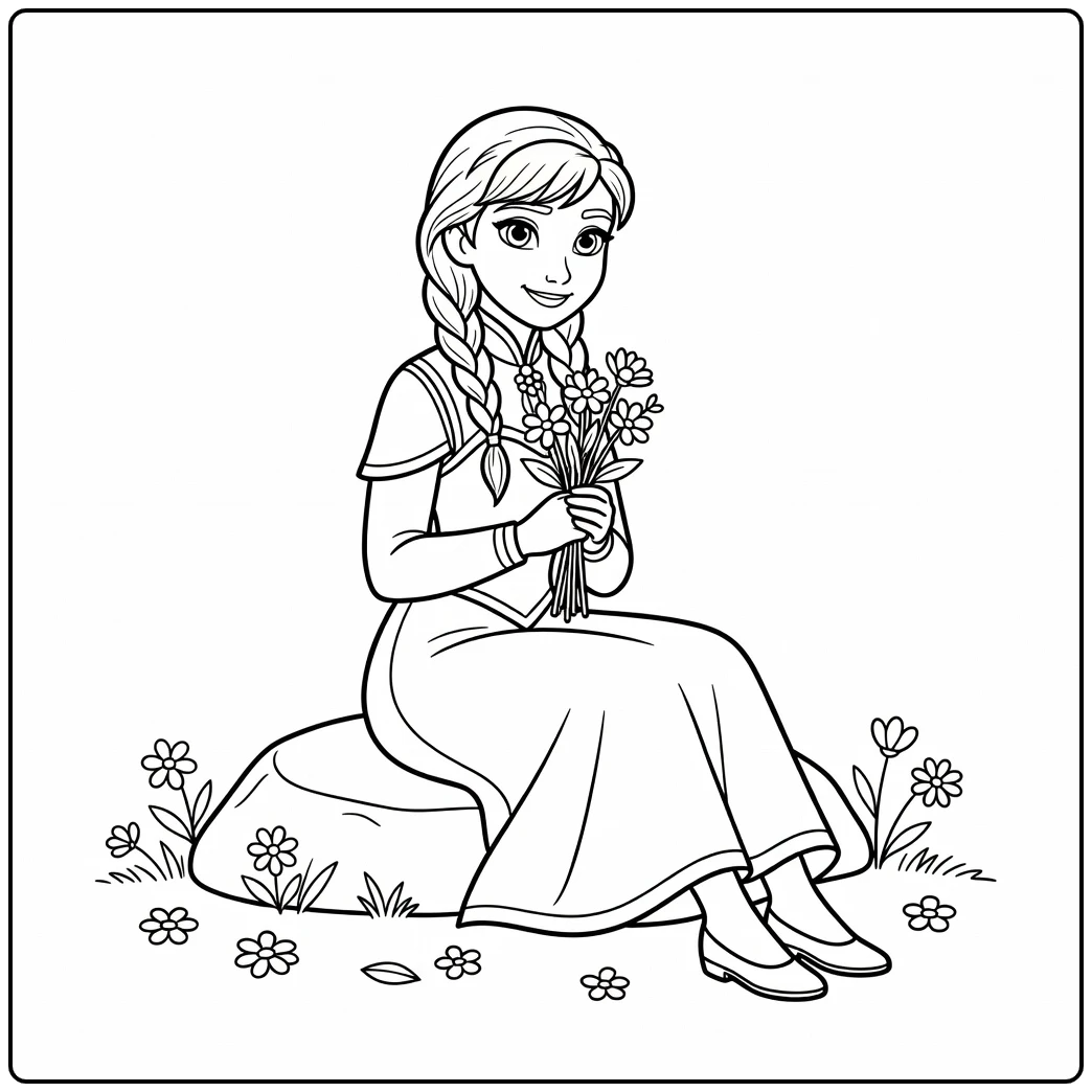 Lieve anna kleurplaat met bloemen zittend op een rots.