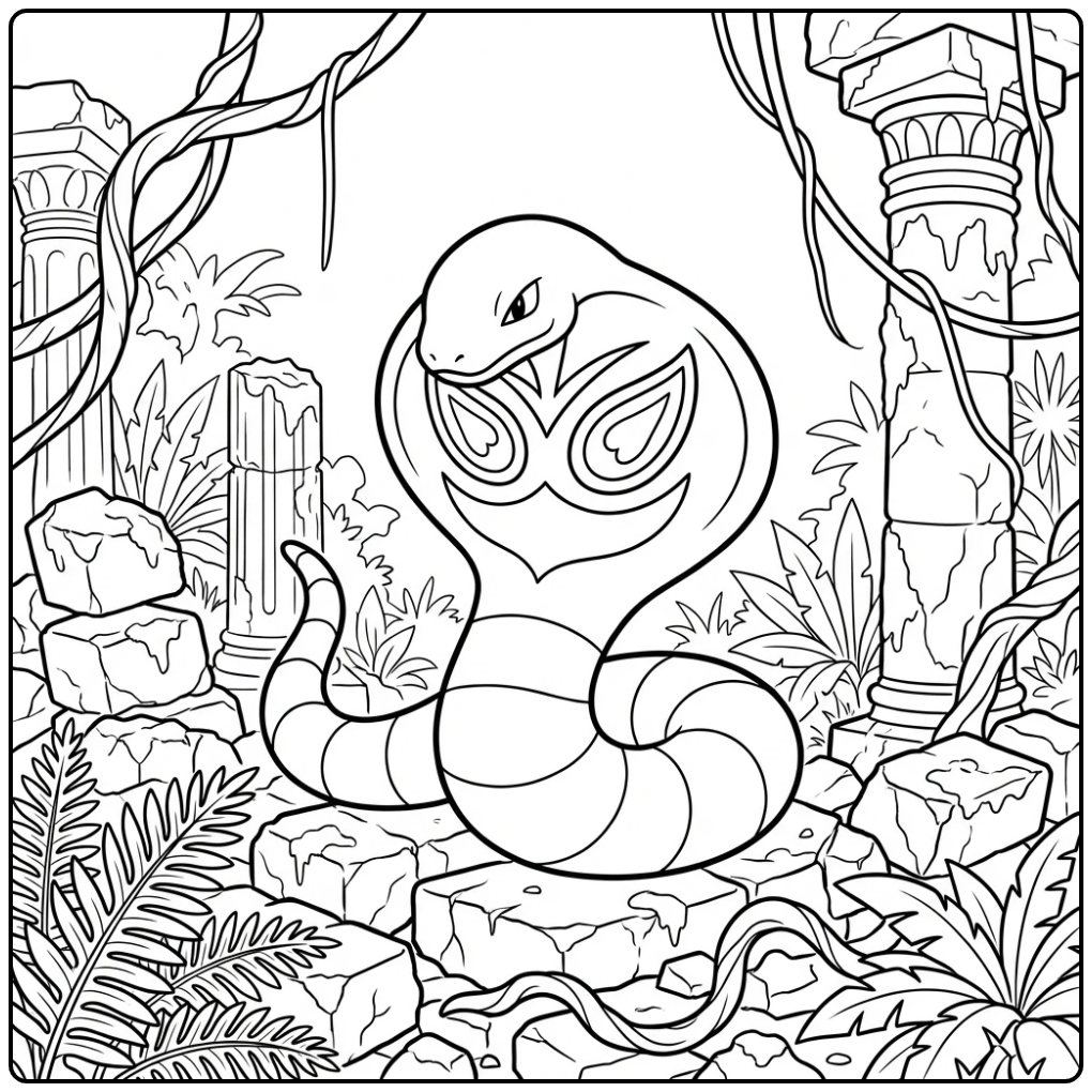 Gedetailleerde Arbok kleurplaat in de jungle ruïnes.