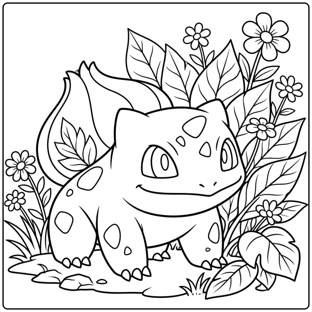 Een schattige bulbasaur kleurplaat met grote bladeren.