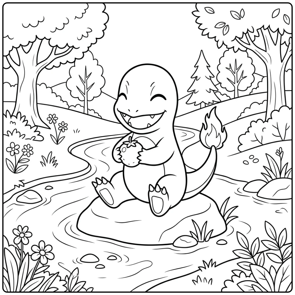 Schattige charmander kleurplaat met een besje bij een beek.