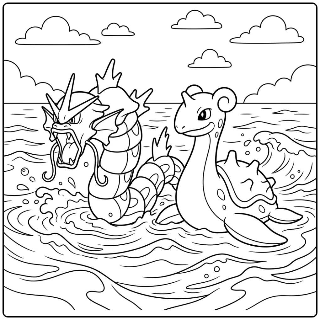 Speelse gyarados kleurplaat met Gyarados en Lapras, golven, wolken