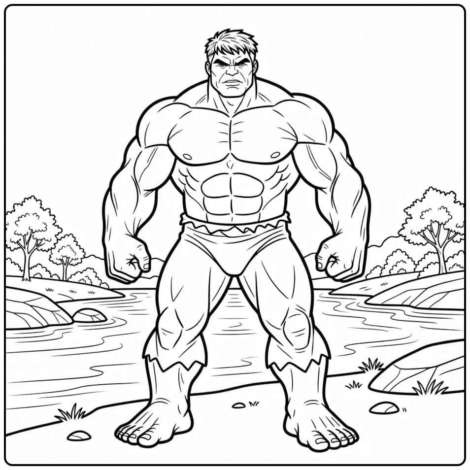 Leuke hulk kleurplaat waar hij krachtig bij de rivier staat.