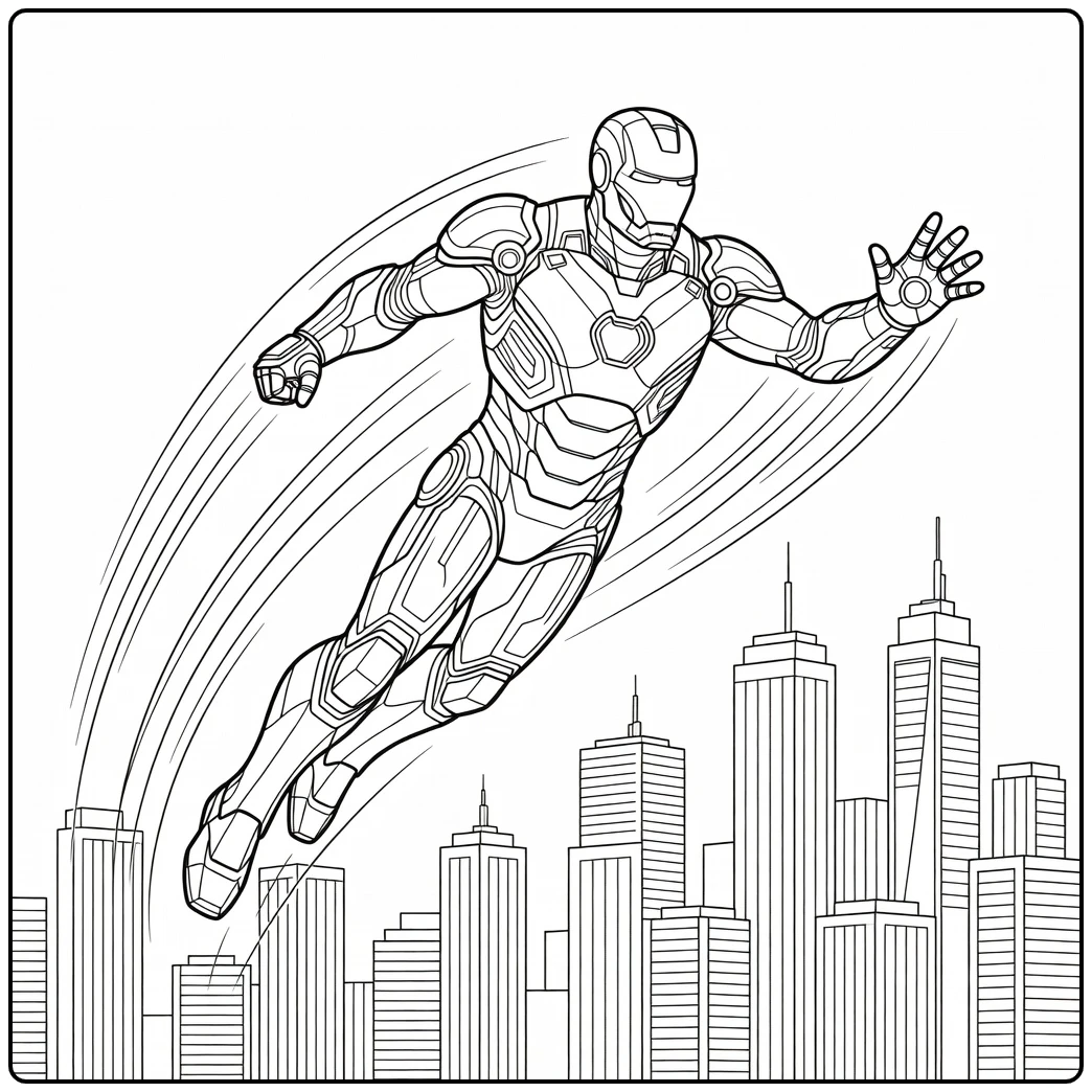 iron man kleurplaat vliegend boven een futuristische stad.