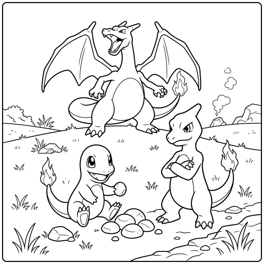 Leuke kleurplaat charmander charmeleon charizard in veld.