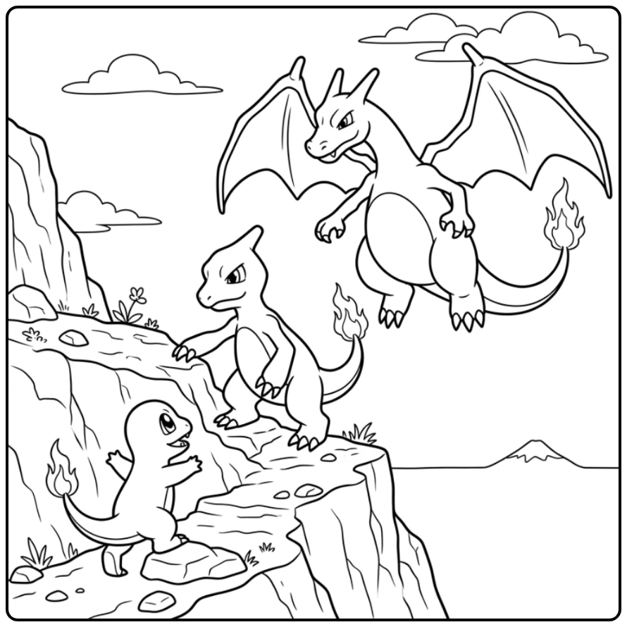 Leuke kleurplaat charmander charmeleon charizard in actie.