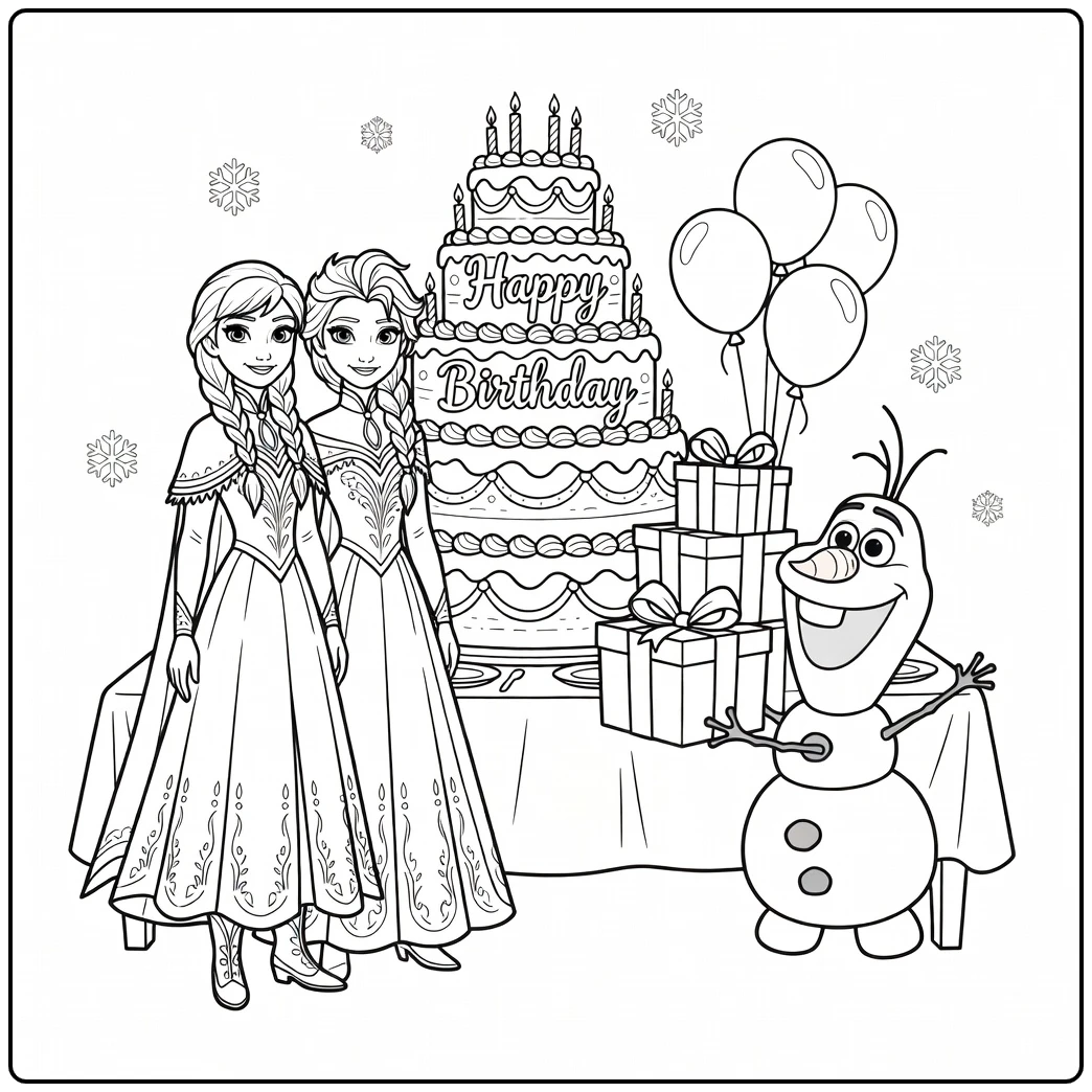 Feestelijke kleurplaat frozen verjaardag met Anna en Elsa.