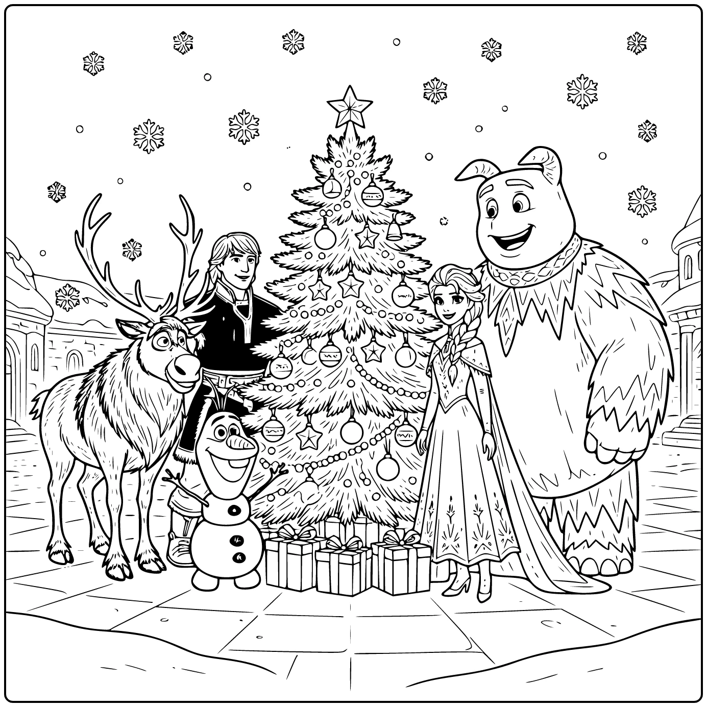 kleurplaat kerst frozen met Elsa, Anna, Olaf en vrienden