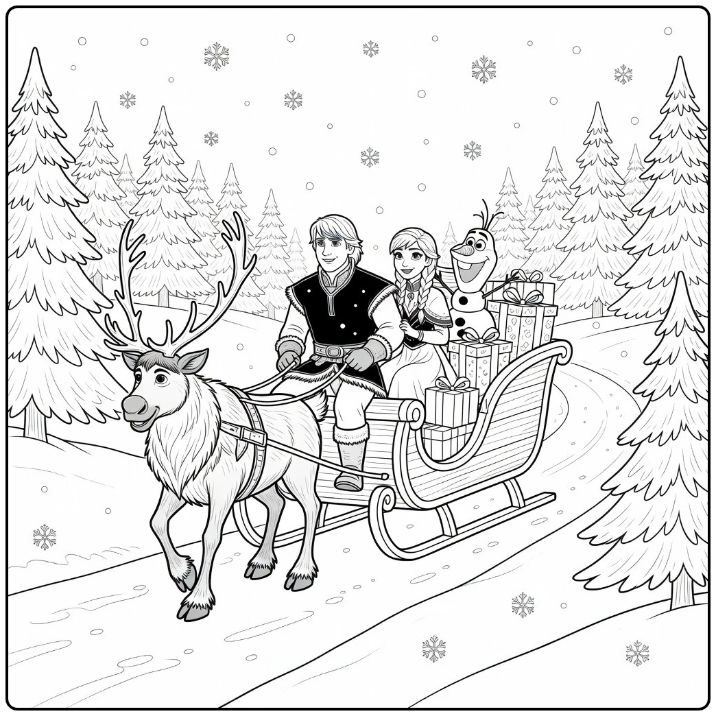 Kristoff en Sven op de kleurplaat kerst frozen met cadeaus.