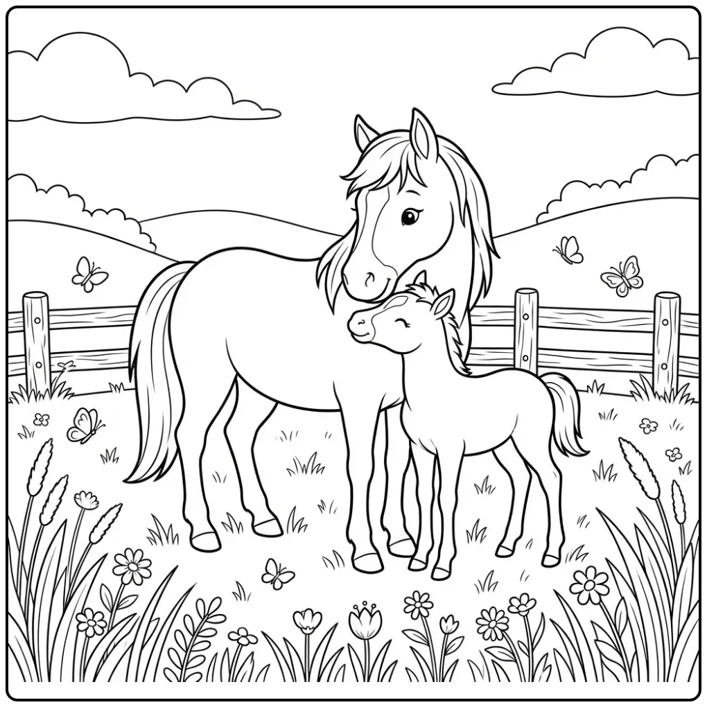 Schattige kleurplaat paard met veulen in de wei.