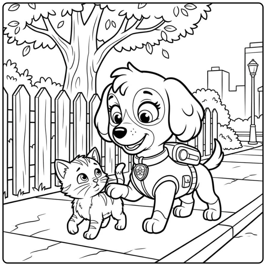 kleurplaat paw patrol liberty: Liberty helpt een lief kitten op stoep