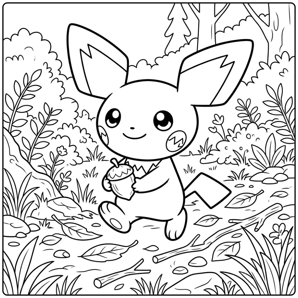 Een schattige kleurplaat pichu met een klein eikeltje.