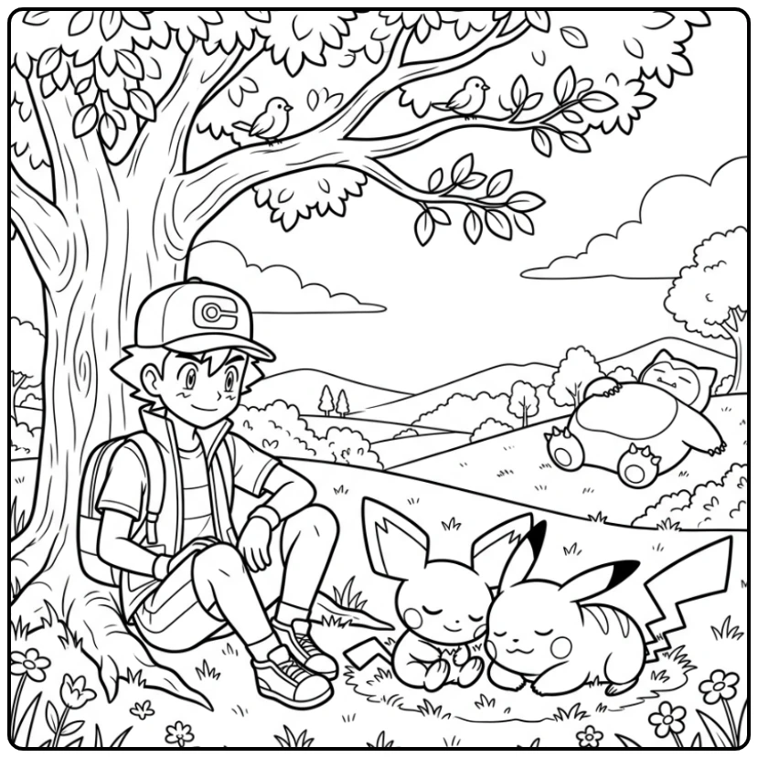 Een leuke kleurplaat pichu slapend naast pikachu bij een boom.