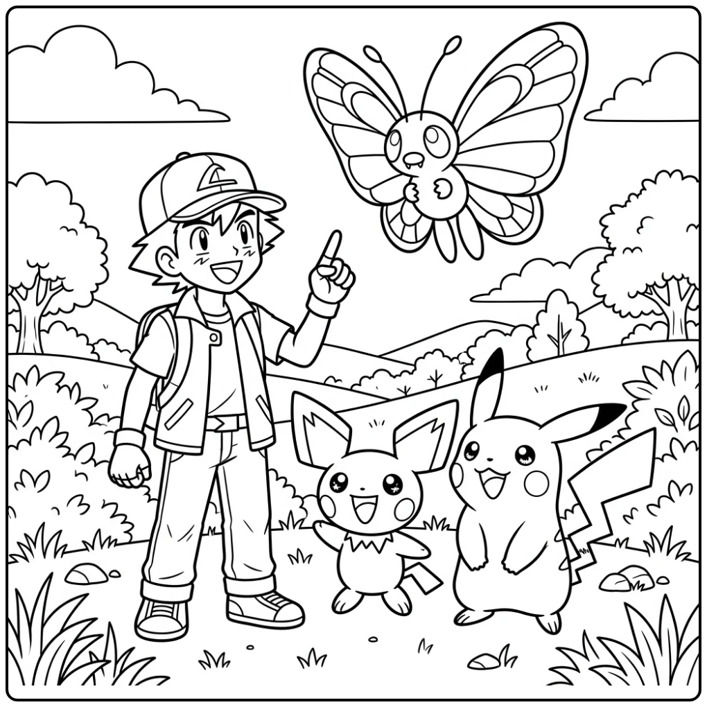 Vrolijke kleurplaat pichu met Pikachu, Satoshi en Butterfree.