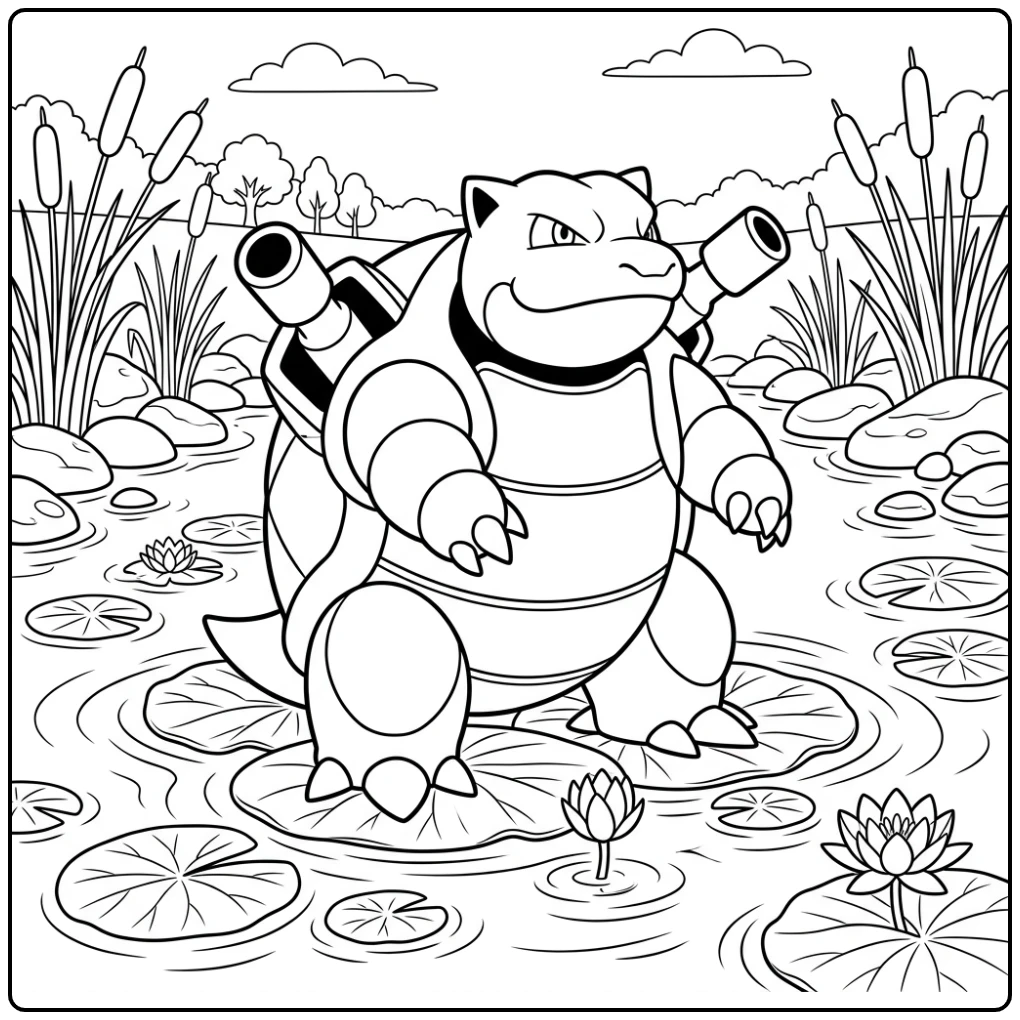 Leuke kleurplaat pokemon blastoise in een kalme vijver.