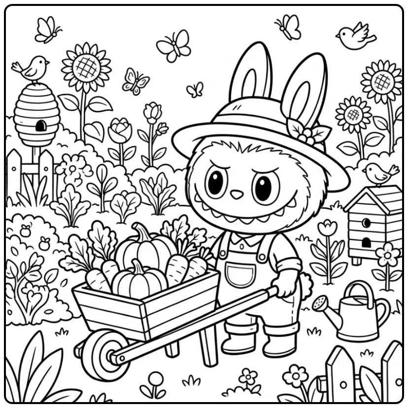 Speelse Labubu kleurplaat cute met kruiwagen in de tuin.