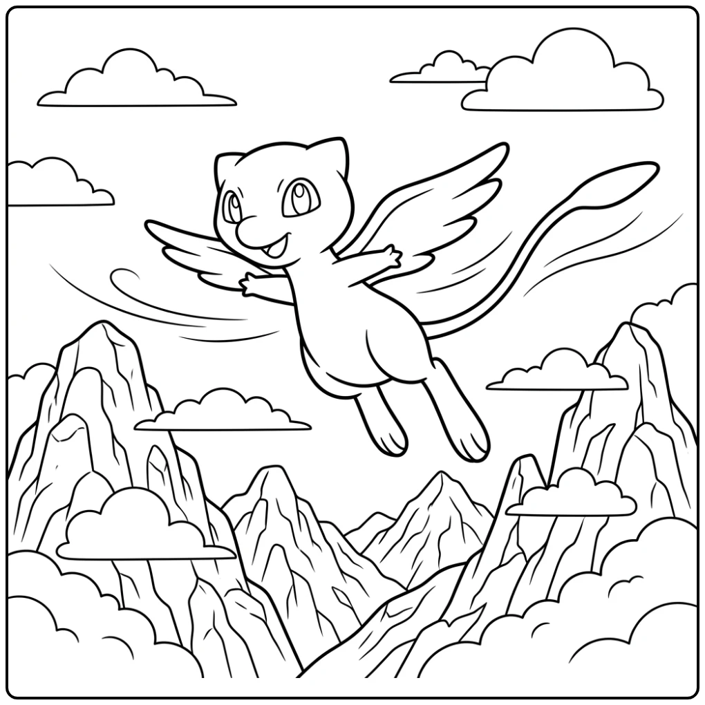 Avontuurlijke mew kleurplaat zwevend boven de bergen.