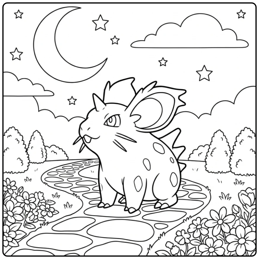 Nidoran♀ kleurplaat in een rustige, maanverlichte tuin.