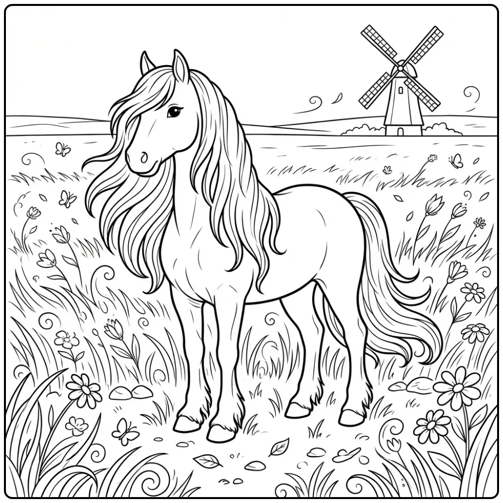 Vrolijke paarden kleurplaat fries in het gras.