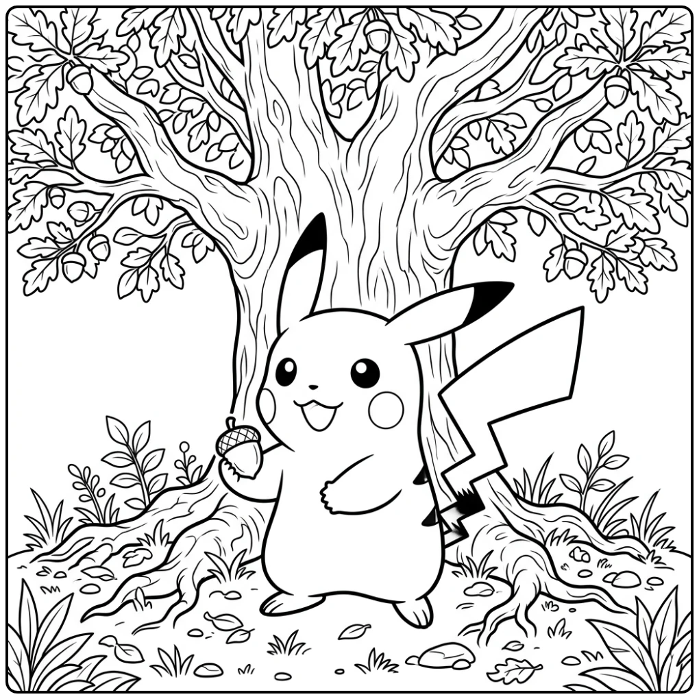 Leuke pikachu kleurplaat met een eikeltje onder een boom.