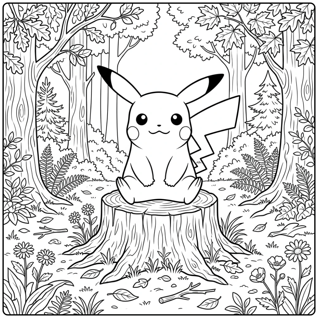 Schattige pikachu kleurplaat in een bos op een boomstronk.