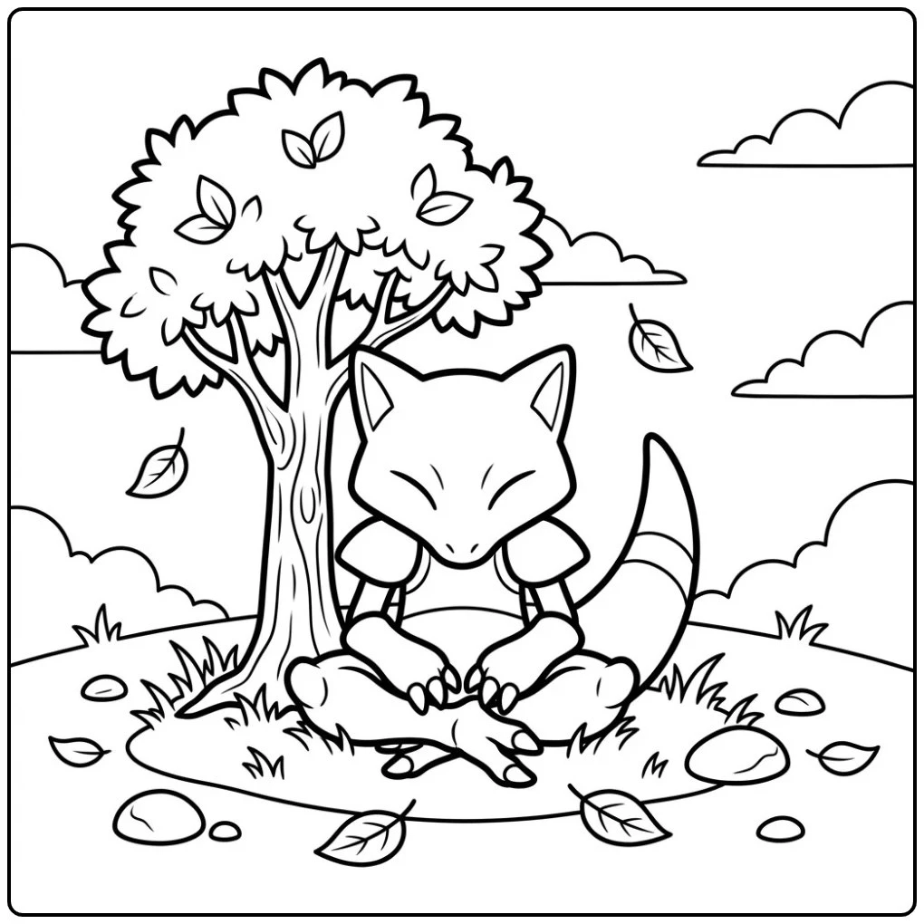 Pokemon Abra kleurplaat: Abra mediteert onder een boom.