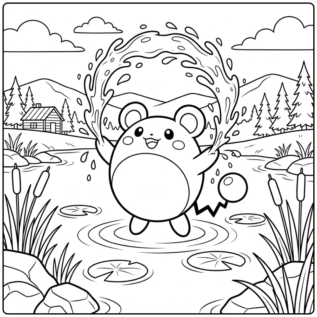 Vrolijke Pokemon Azumarill kleurplaat bij een rustig meer.