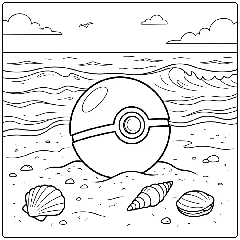 Pokemon bal kleurplaat op een zandstrand met schelpen en golven