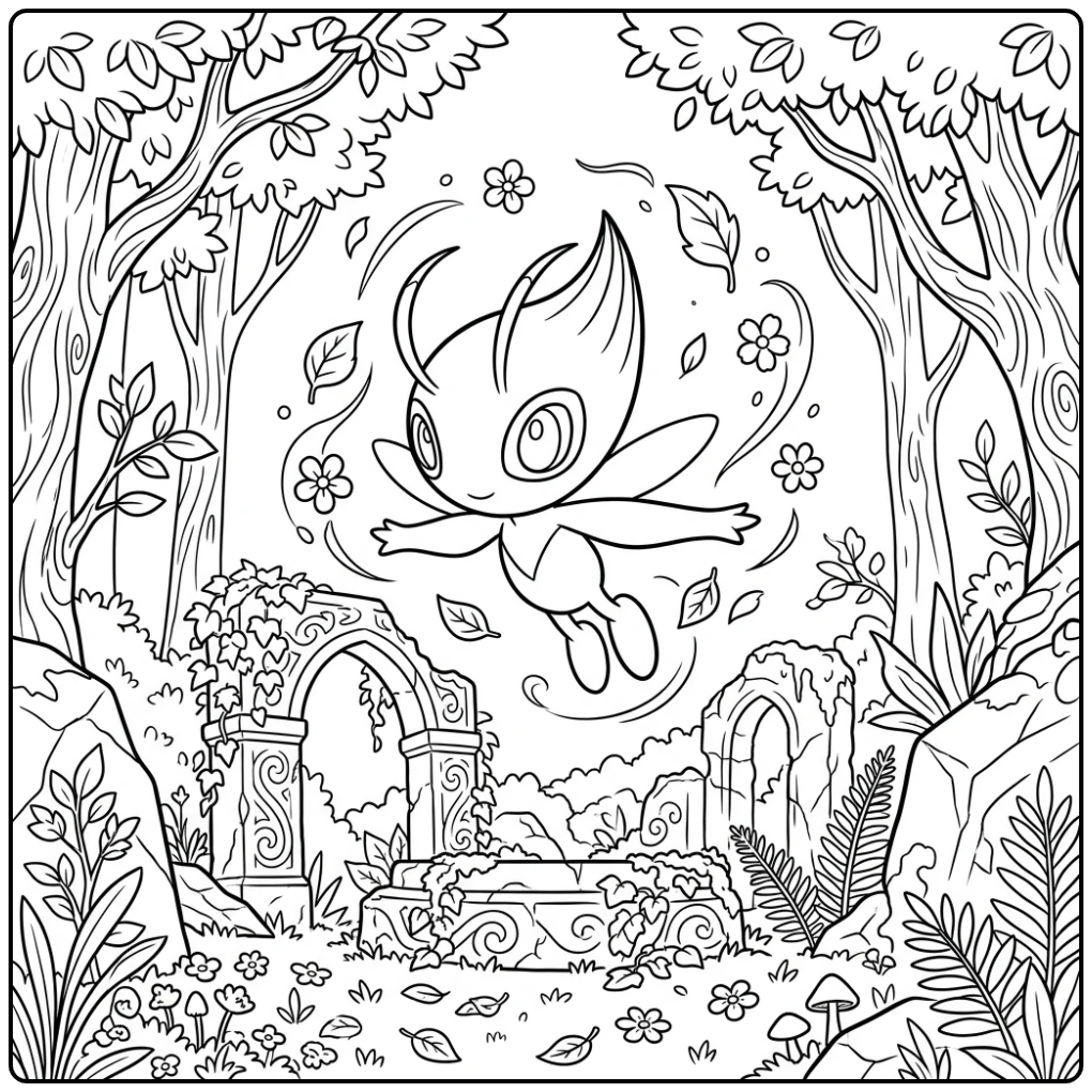 Magische Pokemon Celebi kleurplaat in een eeuwenoud bos.