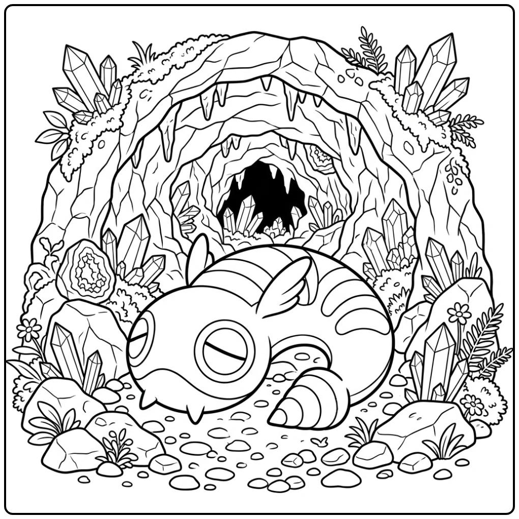 Leuke Pokemon Dunsparce kleurplaat in een magische grot.
