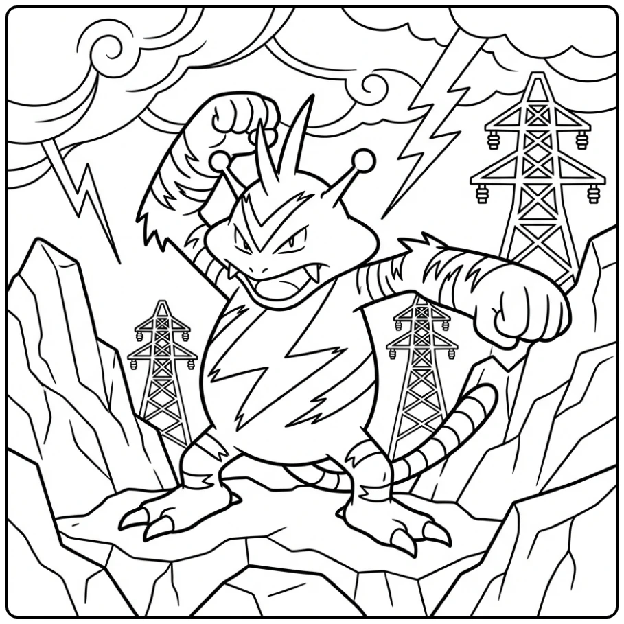 Pokemon Electabuzz kleurplaat in een donderlandschap.