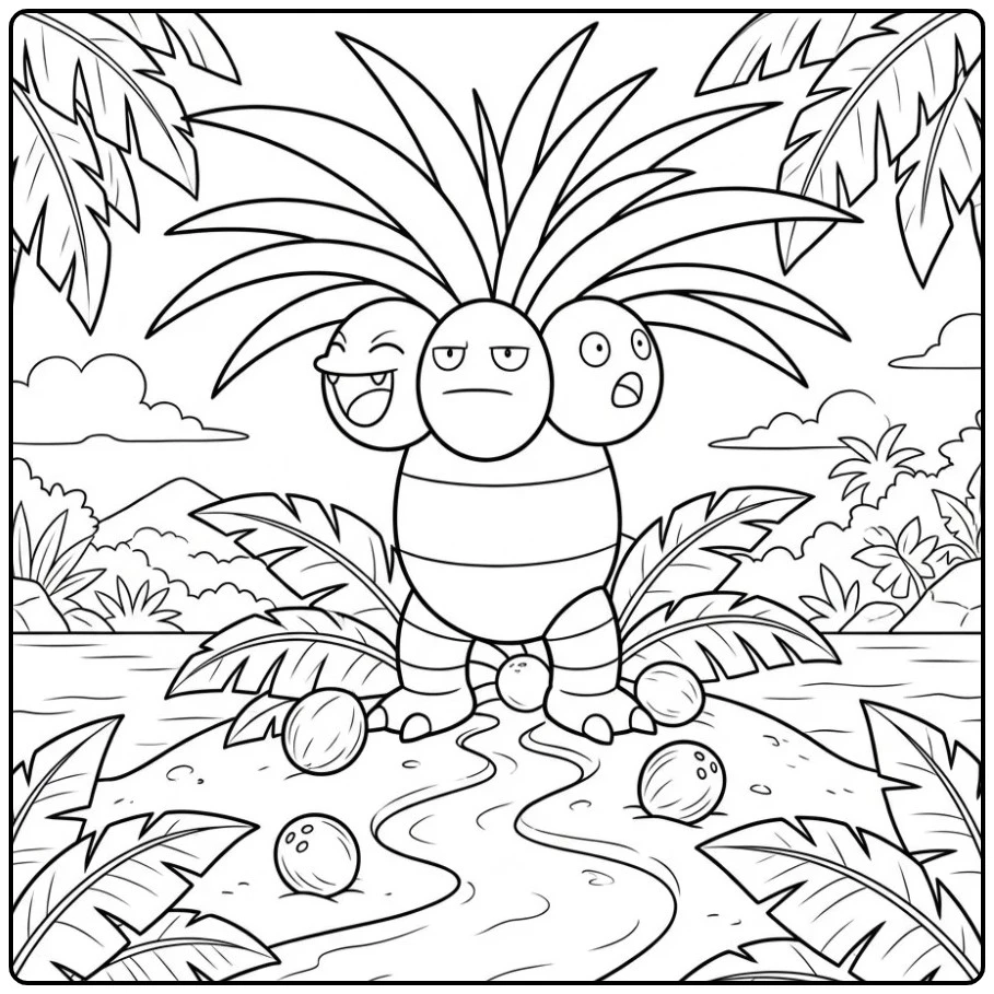 Tropische Pokemon Exeggutor kleurplaat op een zonnig eiland.