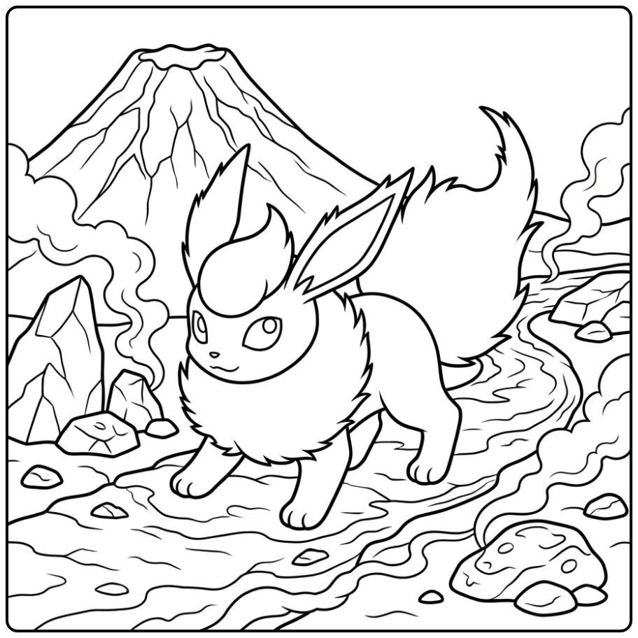 Pokemon Flareon kleurplaat op een warm vulkanisch pad.