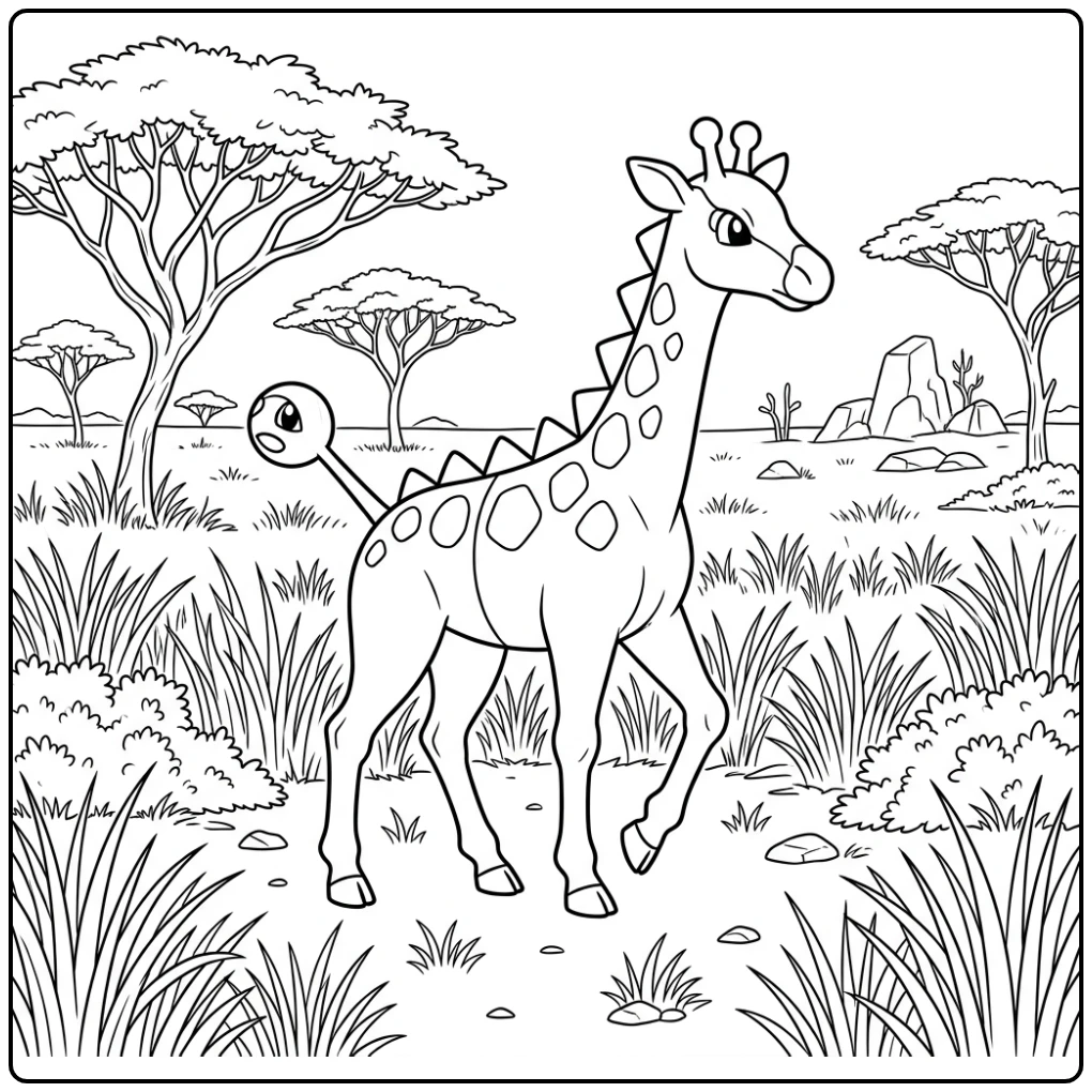 Leuke Pokemon Girafarig kleurplaat in de savanne.