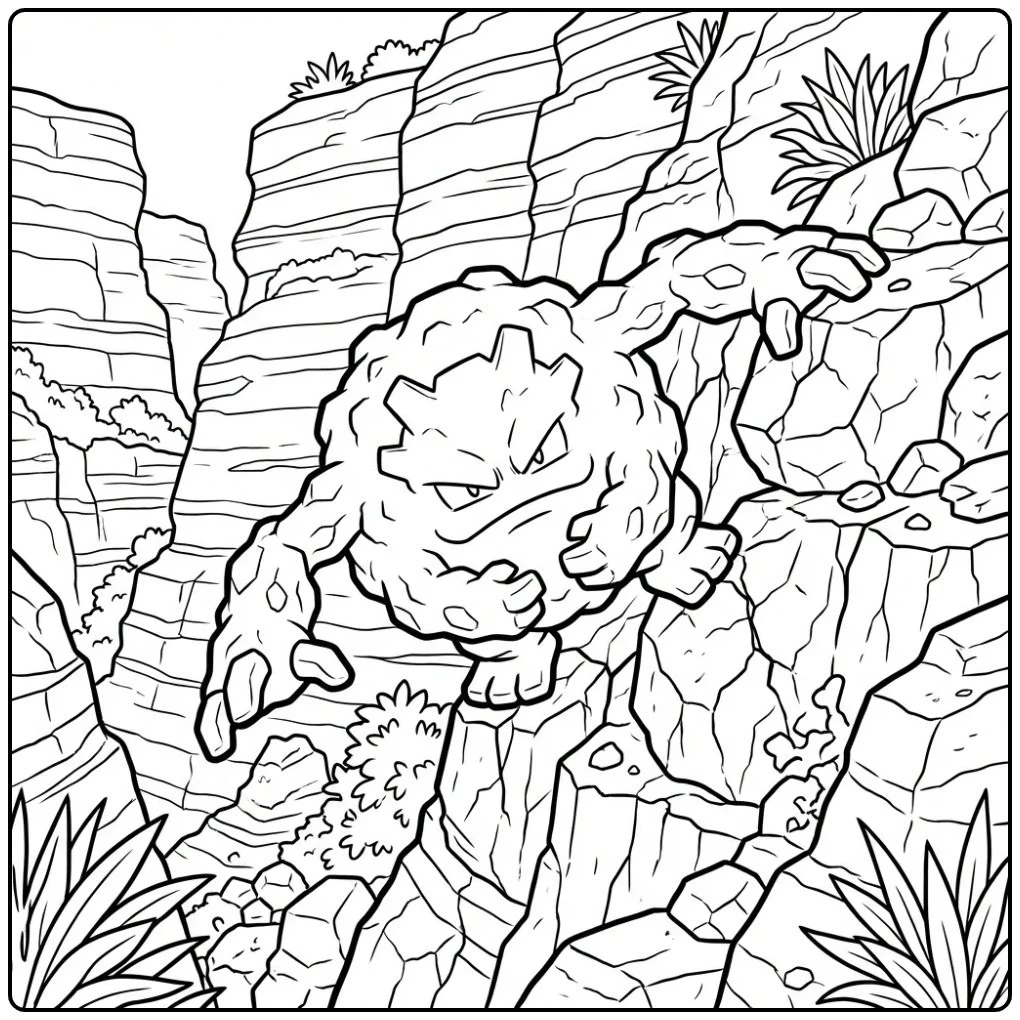 Pokemon Graveler kleurplaat klimmend op een rotswand.