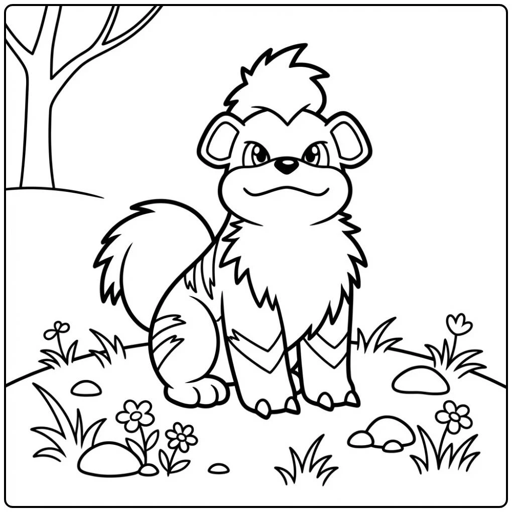 Leuke Pokemon Growlithe kleurplaat op een grasheuvel.