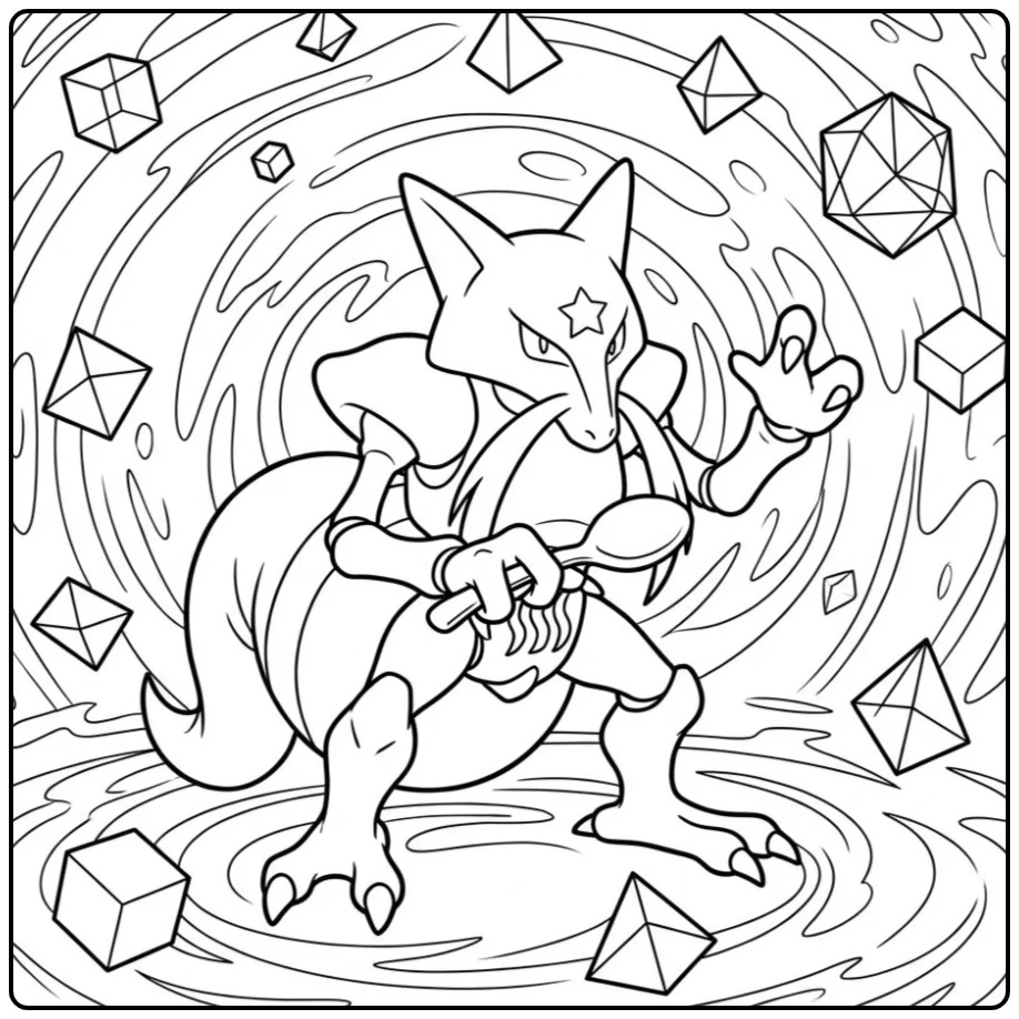 Pokemon Kadabra kleurplaat met zwevende stenen en lepel.