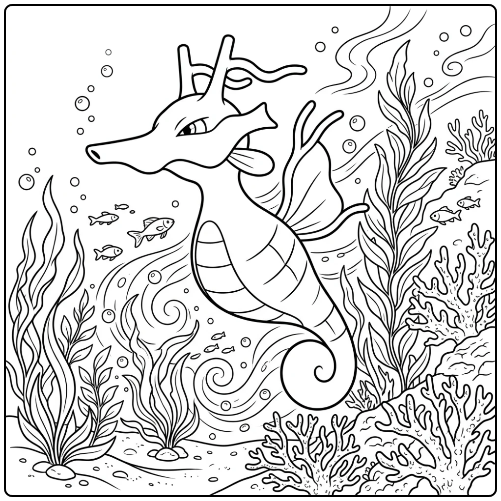 Pokemon Kingdra kleurplaat onder water met koraal.