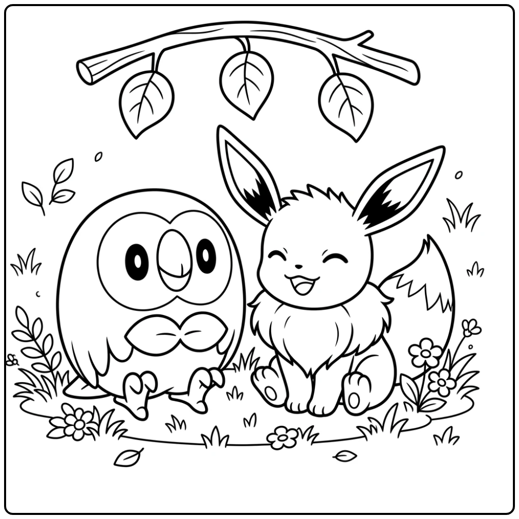 Schattige pokemon kleurplaat makkelijk van Rowlet en Eevee