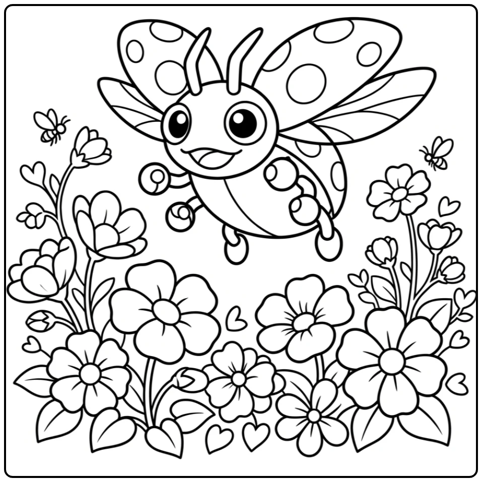 Vrolijke Pokemon Ledyba kleurplaat vliegend boven bloemen
