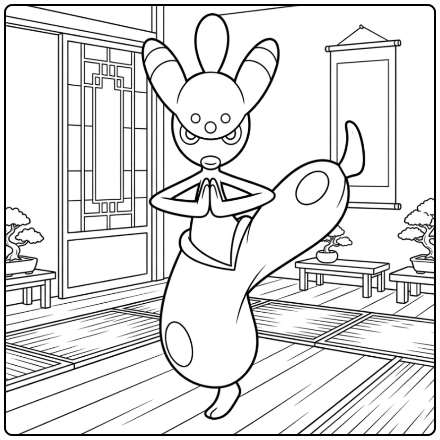 Actieve Pokemon Medicham kleurplaat in een dojo.